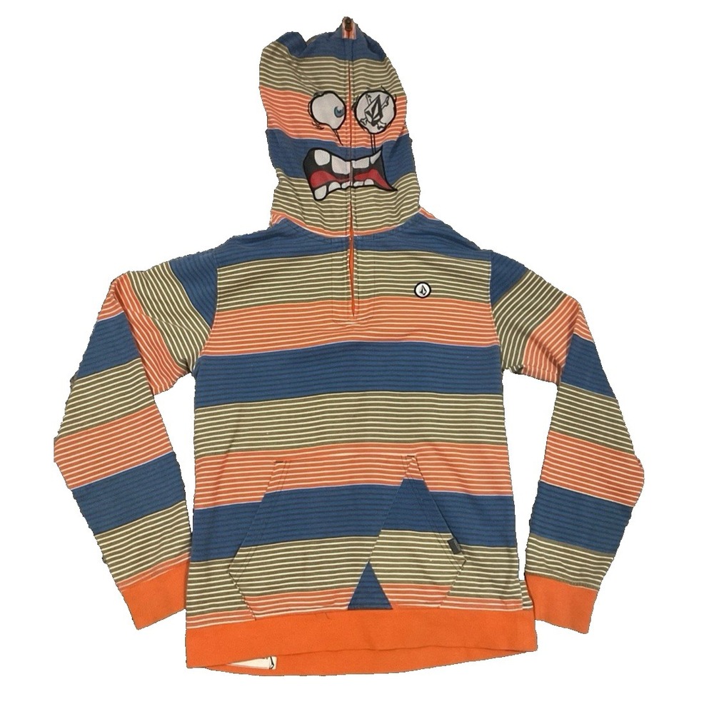 VTG Volcom Full Face Zip Hoodie Jacket Boys XL Orange Striped Mask‎